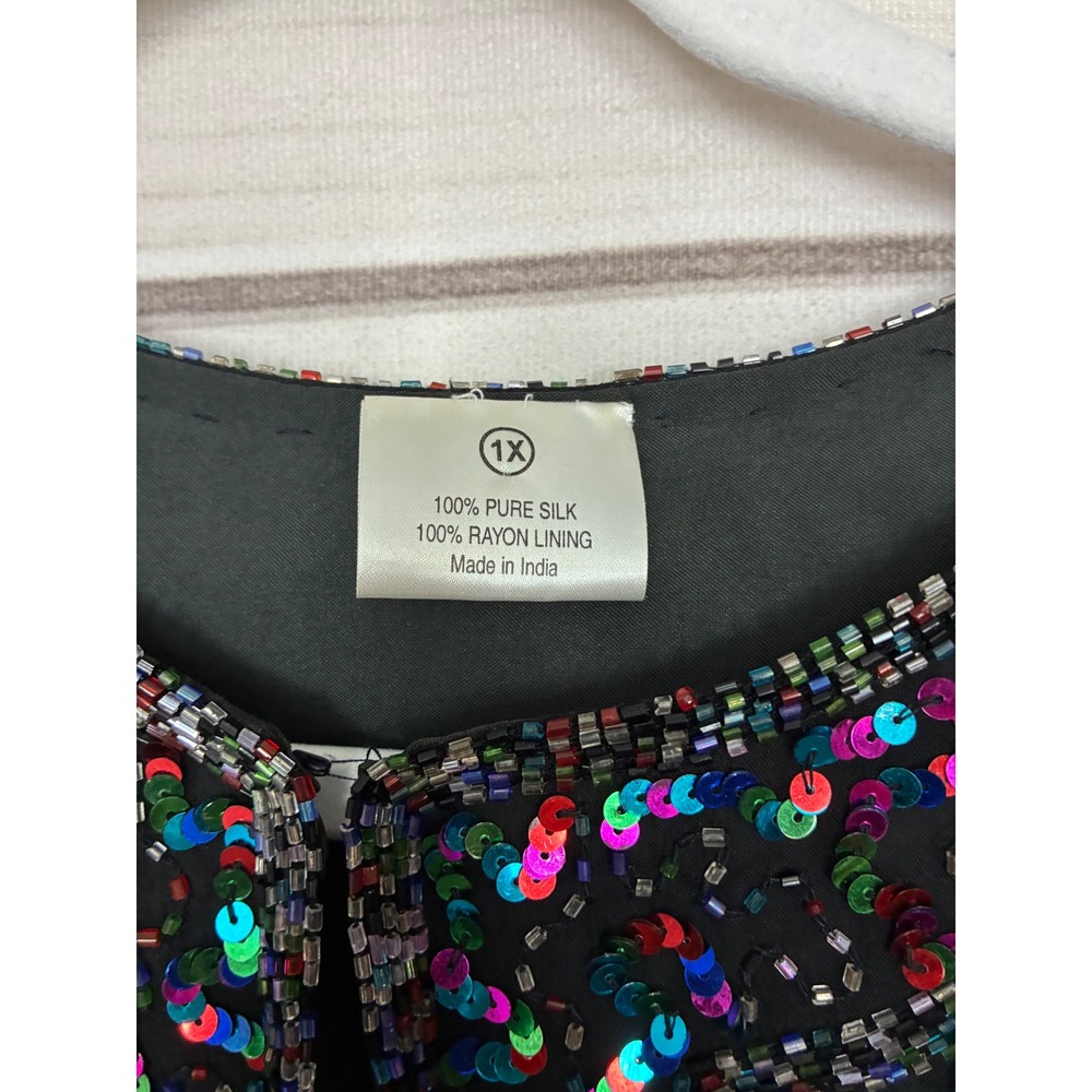 Vintage Silk Beaded Sequin Jacket Rainbow Multi Color Open Front Evening Top 1X - Picture 3 of 10